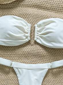 Swim Chiccia Springbreak 女士纯色抹胸金属装饰上衣和丁字裤比基尼两件套，简约夏季泳装 - 米色 - 查看 5