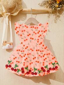 SHEIN Baby Girl Summer Vintage Floral Print Ruffled Armhole Dress With Bow Decor, Sweet And Fashionable - Multicolor - View 7
