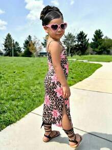 SHEIN Gestricktes Leoparden- und Blumenmuster Trägerkleid für Kleine Mädchen - Verschiedenfarbig - Übersicht 2