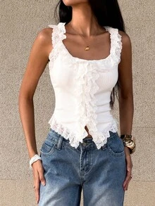 FavEase 休闲度假百搭蕾丝圆领开襟波西米亚风白色女式背心 - 白色 - 查看 3