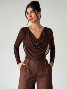 Firerie 女士优雅垂褶领高端收腰休闲针织上衣 - 鏽棕色 - 查看 7