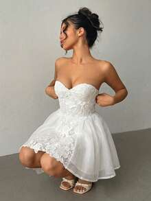 Aloruh Women's Lace Embroidered Bustier Mini Dress, Romantic Fit-And-Flare Silhouette, Wedding Season - White - View 1