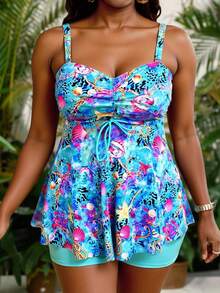 Slaydiva Bộ đồ nữ cỡ lớn 2 chiếc áo hở vai in họa tiết hoa đại dương và quần short cạp cao cho kỳ nghỉ hè ở bãi biển - Nhiều màu - Xem 4