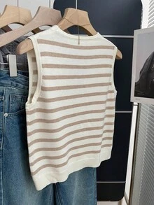 Franclia 2022春夏休闲宽松韩版简约日常通勤撞色条纹V领背心叠穿无袖上衣，活力优雅女士薄款开衫 - 卡其色 - 查看 2