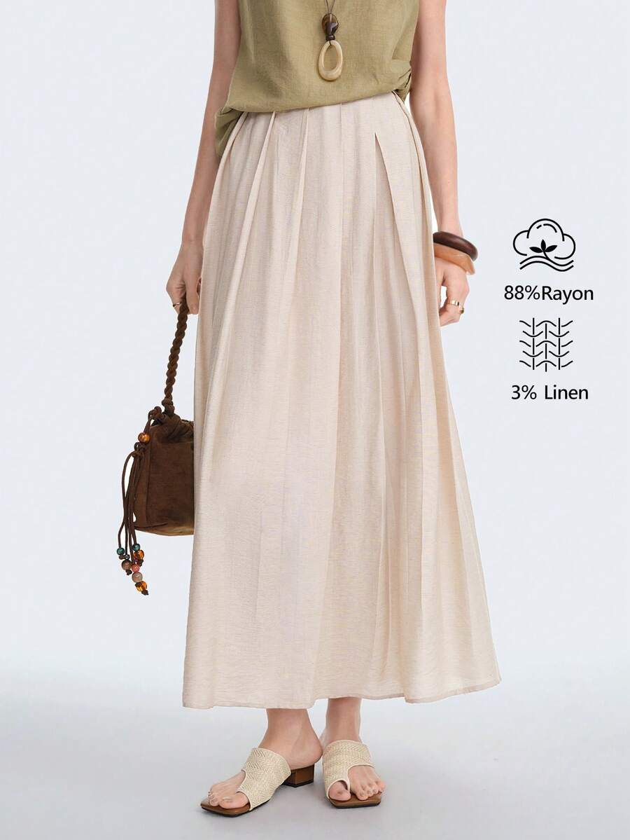 Aalyst Women's Linen Fabric Pleated Waist Design A-Line Skirt, Suitable For Vacation, Commuting, Spring And Summer Wear