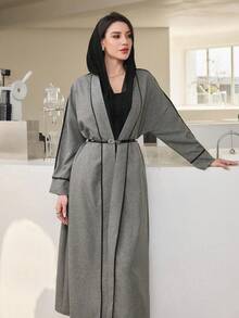 Modelyn 两件套斜纹宽松开襟长款开衫套装，灰色 - 灰色 - 查看 6