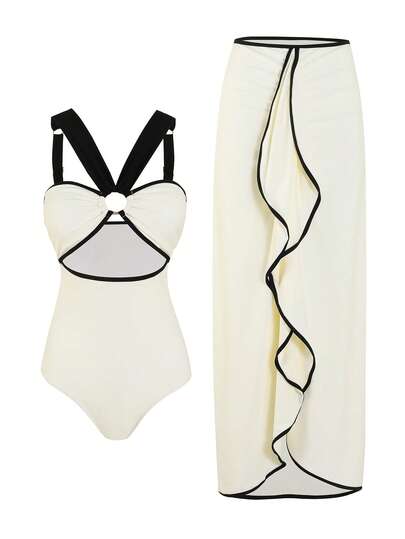 Swim Oasis 2pcs Bohemian Style Spaghetti Strap Beach Outfit, Fashion Bikini Set, Sexy Beach Resort Style, Retro & Sexy Print Thin Strap Bikini Set, Soft Fabric, Adjustable Straps, Suitable For Beach, Resort, Elegant, Retro Style, New Arrival One-Piece Swimsuit, Sexy & Elegant