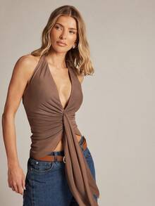 Hauture Women's Tie Front Knit Top For Office Wear - Brown - View 1