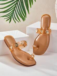 SHUZIA #CoastalMuse 女士透明棕褐色果冻趾环凉鞋，饰以金色贝壳——沙滩时尚舒适拖鞋 - 紫紅色 - 查看 10