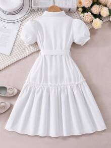 SHEIN Váy tay bồng in hoa cài nút cho bé gái kèm thắt lưng - trắng - Xem 3