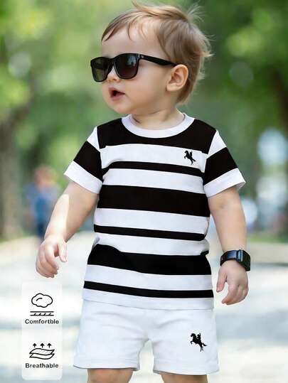2件套幼儿男童休闲条纹马印花短袖T恤和短裤套装，舒适日常穿着，春夏款