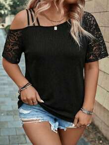 EMERY ROSE 新款加大码女式休闲拼接提花短袖T恤，百搭 - 黑色 - 查看 4