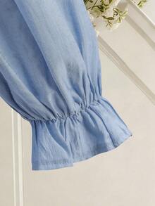 SHEIN Lacomfia Loose Fit Blue Puff Sleeve Shirt With Front Center Stripe - Blue - View 6