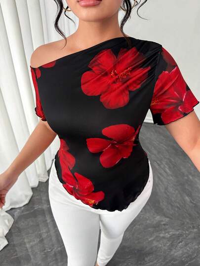 GlowEve CURVE Plus Size Women's Summer Elegant Black Floral Print Asymmetrical Shoulder Fitted Waist Asymmetrical Hem Knit Top
