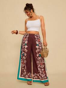 Travachic Plus Size Women's Burgundy Floral Print Wide Leg Pants With Pockets,Loose Casual Autumn Boho Trousers For Vacation,Holiday,Tropical Resort Wear - Multicolor - View 5