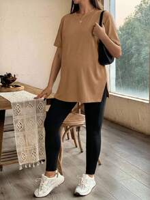 SHEIN 两件套孕妇侧开衩宽松上衣和紧身裤 - 摩卡棕 - 查看 3