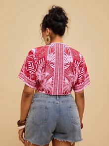 Travachic 大码复古印花系带短袖衬衫，波西米亚风 - 彩色 - 查看 2