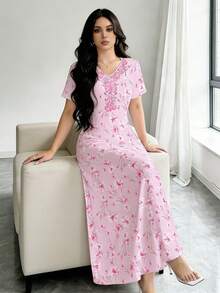 SHEIN Najma 女士碎花长裙，V领短袖收腰优雅连衣裙，适合度假和日常穿着，夏季 - 彩色 - 查看 6