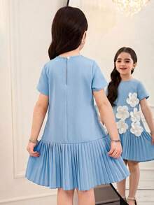 SHEIN Young Girl Elegant Solid Red Round Neck 3D Floral Decor Ruffle Hem A-Line Dress - Blue - View 5