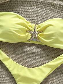 Swim Mod Conjunto de bikini sexy con tirantes finos, decoración de estrella de mar y unicolor para mujer, verano - Amarillo - Ver 5