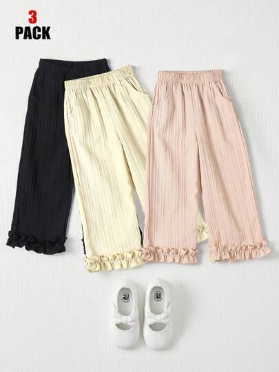 三件套女童裤装，花边裤脚设计，更显可爱，适合外出穿着。多色组合，黑色/杏色/卡其色，百搭黑色长裤，时尚卡其色和杏色长裤，直筒裤型。春夏款，面料厚度适中，穿着舒适。