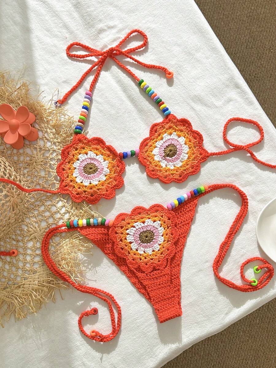Swim Vcay 2pcs/Set Spring/Summer Crochet Floral Pattern Design Spaghetti Strap Backless Beach Cover Up Set For Women - Multicolor - View 1