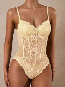 Glamine Women's Sexy Solid Color Contrast Lace Bodysuit, Summer Lace Body Suit Corset Top Bustier Lingerie Lace Lingerie - Pale Yellow - View 4