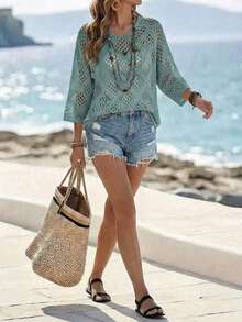 EMERY ROSE Women's Plain Crew Neck Batwing Sleeve Loose Hollow-Out Sweater Knit Pullover Fall Winter - Cadet Blue - View 5