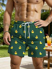 Manfinity Swimmode Men's Duck Print Drawstring Waist Pocket Beach Shorts Mens Duck Swimwear - Dark Green - View 3