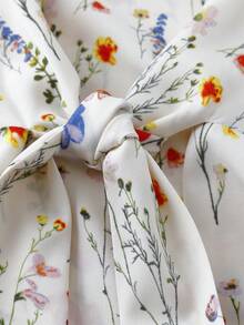 Linhara Plus Size Women's White Summer Boho Vacation Holiday V-Neck Ruffle Sleeve Bow Tie Design Floral Print Elegant Casual Tops Blouse Spring - Multicolor - View 6