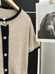 Franclia 新款夏季休闲个性拼接撞色时尚百搭女式针织上衣 - 卡其色 - 查看 5