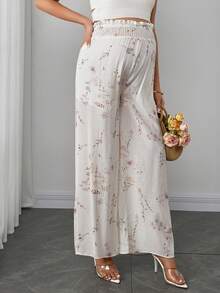 Momance Pantalones anchos de maternidad con estampado floral plisado, versátiles y casuales para uso diario - Albaricoque - Ver 3
