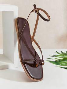 SHUZIA Women's Glamorous Tan Ankle Strap Buckle Low Square Toe Spring Flat Slide Spring Break Easter Vacation Shoes Casual Shoes Beach Shoes Mother's Day Present - Mocha Brown - View 5