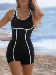 Swim SPRTY Women's Monochrome Sleeveless Backless One-Piece Swimsuit, Suitable For Beach, Vacation And Surfing In Summer - Black - View 3