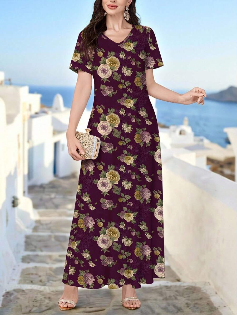 Lacomfia 女士优雅V领短袖印花针织连衣裙，可作外衣或内搭/工作服穿着，适合约会、度假、日常穿着、休闲、派对、节日等场合，春夏女士长款连衣裙，印花长款连衣裙/复古连衣裙，植物印花连衣裙，紫色连衣裙 - Bold Plum - 查看 1
