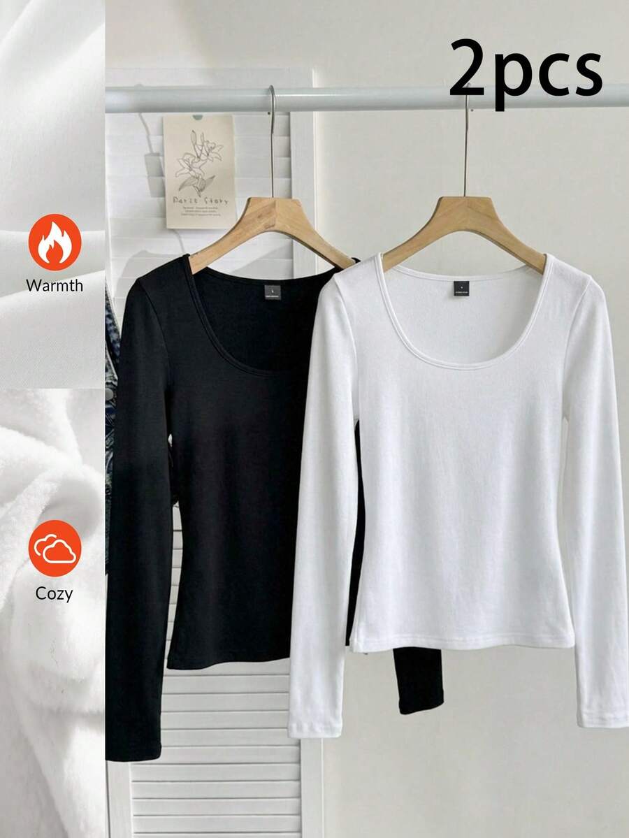 Tseoso 2件装黑白女士休闲纯色针织圆领长袖修身保暖内衣 - 升级弹力面料，秋冬季舒适保暖层，居家、户外、运动及日常穿着皆宜 - 彩色 - 查看 1