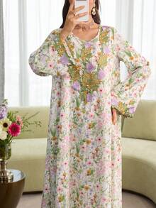 Al Najma Elegant Floral Print Embroidered Ruffle Trim Long Sleeve Loose Flared Robe For Women - Multicolor - View 7