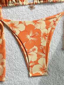 Swim Mod 3件套女士夏季随机印花吊带沙滩裙，复古度假比基尼套装 - 彩色 - 查看 5