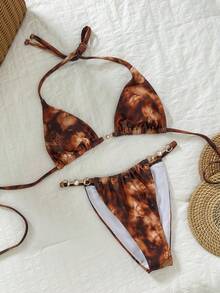 Bonvoyette 女士夏季海滩度假随机扎染印花金属装饰露背性感比基尼套装 - 棕色 - 查看 6