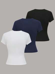 Franclia Set 3 buah kaos ketat aneka warna, kaos kasual modis dan serbaguna untuk wanita. - MultiWarna - View 2