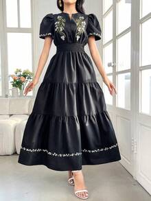 Yasmyna New Embroidered Waist-Cinched A-Line Comfortable Casual Beach Holiday Everyday Dress - Black - View 4