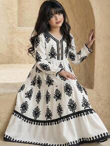 SHEIN Tween Girl Off-White Ditsy Floral V-Neck Long-Sleeved Dress,Elegant Jalabiya Prayer Robe - Red and White - View 2
