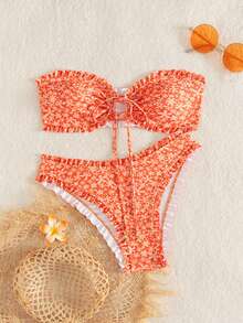 Swim Mod 女士夏季新款性感简约印花系带露背比基尼套装，适合海滩度假 - 彩色 - 查看 3