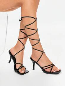 Glitzique de mujeres con cordón tacón alto Sandalias , negro de punta abierta Tacones delgados - Negro - Ver 6