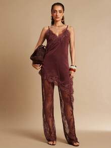 Silquee Burgundy,Summer,Seksi Chic,Night Out Elegant Lace Trousers For Women,Coffee-Colored Formal Party Vacation Holiday Beach Bridesmaid Long Pants - Brown - View 2
