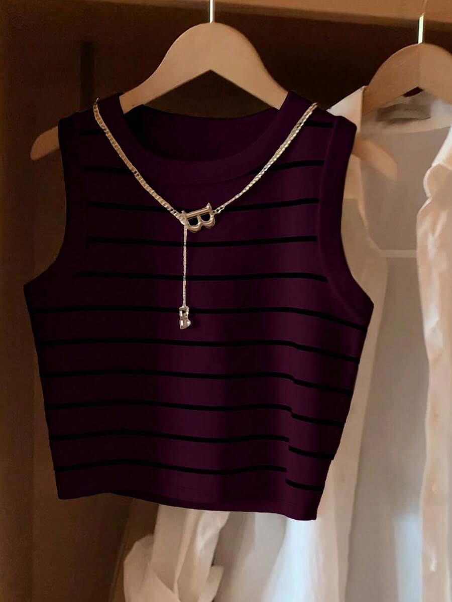 GlowEve Summer Casual Striped Round Neck Cropped Tank Top - Multicolor - View 1