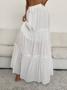 Swim Vcay 女士夏季沙滩叠层拼接波西米亚风镂空蕾丝边松紧腰抽绳荷叶边下摆度假长裙 - 白色 - 查看 5