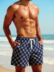 Manfinity Swimmode Men's Summer Vacation All-Over Print Drawstring Waist Slant Pocket Beach Shorts - Navy Blue - View 6