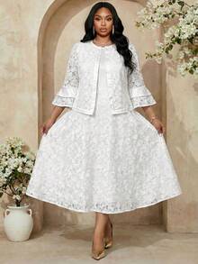 Fleurora Bộ đồ ren màu trơn cỡ lớn 2 món, thanh lịch cho đám cưới và các sự kiện trang trọng. - trắng - Xem 7