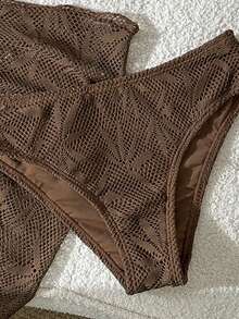 Swim Vcay Bộ bikini 3 mảnh dành cho nữ, họa tiết lá, kiểu cổ yếm, hở lưng, gợi cảm, thích hợp cho kỳ nghỉ biển. - màu nâu - Xem 6